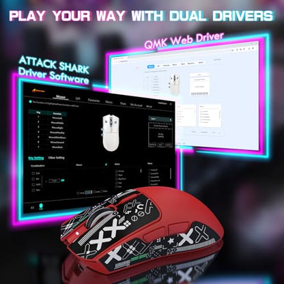 ATTACK SHARK X1 Ultralight Tri Mode Wireless 40000 DPI Gaming Mouse-Red | Magnetic RGB Charging Dock,Anti Slip Grip Tape,PixArt PAW3395 Pro Optical Sensor,BT/2.4Ghz/Wired,Driver for PC Win Mac Gamer - color: Red+Grip Tape