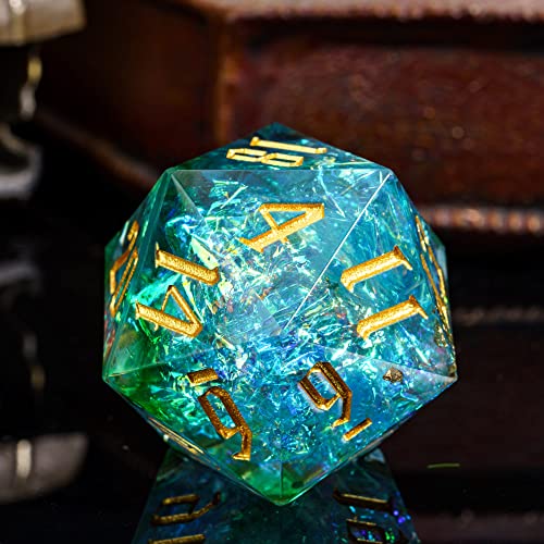 Cusdie Single D20 DND Dice with Sharp Edges and Glitter Foil Inclusions, 20 Sided D&D Dice, 33mm Handcrafted Polyhedral Dice, for Role Playing Game (Aqua) - color: Aqua Blue