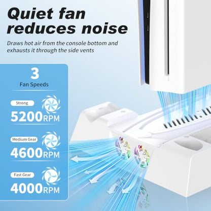 LENISUOLE PS5/Slim/Pro Stand and Cooling Station, with 3 Level Cooler Fan for PlayStation 5 Disc Digital Console, LED Dual Controller Charging Station, Headset Holder, Game Slot White - color: White