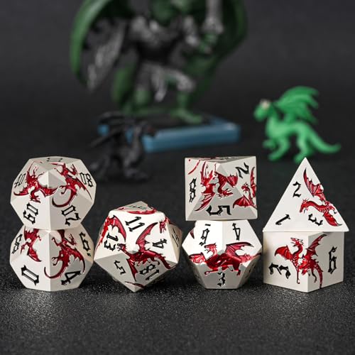 Dungeons and Dragons Dice D&D Metallic Dragon Sharp Edged Dice Set with Box, Polyhedral DND Role Playing Game D and D Dice Set D20 D12 D10 D8 D6 D4 - color: Dragon-pearl Silver Transparent Red
