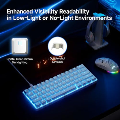 TMKB 60% Mechanical Gaming Keyboard, Red Linear Switch, Wired, White | LED Backlight, Anti-Ghosting, Detachable USB-C, Double-Shot Keycaps, 61 Keys - style: White