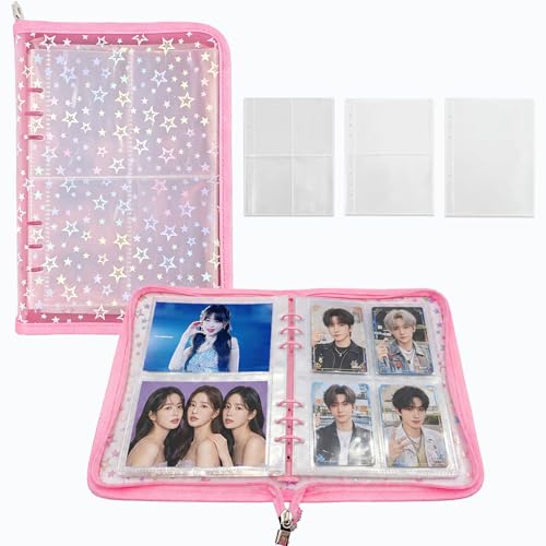 A5 Kpop Photocard Binder Holder with 50 Sheets Double Sided Sleeves for Polaroid Instax Mini Photo Album Zip Book Game Trading Sports Baseball Card Binder 6 Ring 4 Pocket Collector (Pink) - color: Pink