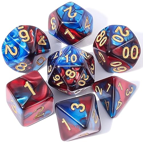 CiaraQ 7pcs Polyhedral Dice Set for Dungeon and Dragons MTG Table Games | Acrylic RPG Dice for D&D with Black Velvet Bag – Red & Blue Swirl – Standard Size – Ages 14+ - color: Red-blue Swirl