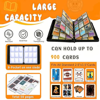 900 Pockets Trading Card Binder for One Piece Cards, 3 Ring Zipper Card Binder with 50 Removable 9 Pocket Sleeves, Waterproof Card Album for TCG, MTG, Sports & Anime Cards, Standard Size Card Holder