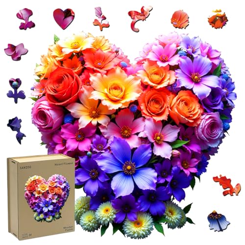 Wooden Puzzles for Adults, Heart Flower 200 Piece Unique Shaped Wood Puzzle, Creative Wooden Jigsaw Puzzle Gift, Family Game, Wall Art Decor - color: Heart Flower, size: 200PCS