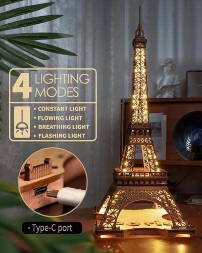 Rolife 3D Wooden Puzzles for Adults, Large Eiffel Tower Set-LED Model Building Sets, Paris Architecture Kits as Home Decor Gift Ideas for Women and Men.