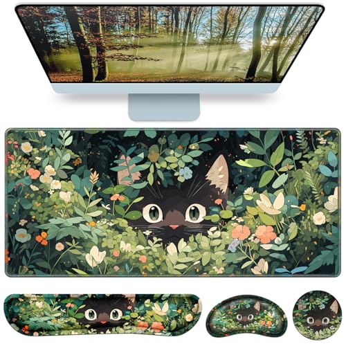 Mouse Pad Anime Mouse Pad with Wrist Rest | 4-in-1 XXL Large Desk Mat Kawaii Mousepad with Gel Wrist Support Keyboard Wrists Rest Coaster, Ergonomic Gaming Cat Desk Pad - color: Curious Cat