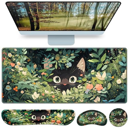 Mouse Pad Anime Mouse Pad with Wrist Rest | 4-in-1 XXL Large Desk Mat Kawaii Mousepad with Gel Wrist Support Keyboard Wrists Rest Coaster, Ergonomic Gaming Cat Desk Pad - color: Curious Cat
