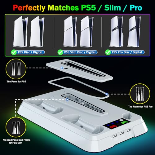 PS5/Slim/Pro Cooling Station for PlayStation 5 Console,PS5 Cooler Fan with Dual PS 5 Controller Charger Incl. 3 Level Fans,Headset,3 USB Hubs,PS5/Slim/Pro Stand for PlayStation 5 Console Accessories - color: Full-White