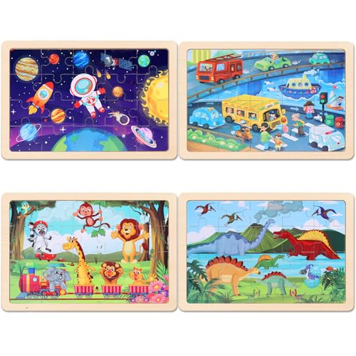 Wooden Educational Jigsaw Puzzles for Preschool Kids Ages 3-5, 4-Pack with 20 Pieces Dinosaur, Space, Transportation Wood Puzzles Set, Toddler Brain Teaser Toys, Gifts for Boys Girls Ages 3 4 5 6 - color: Mixed Styles B