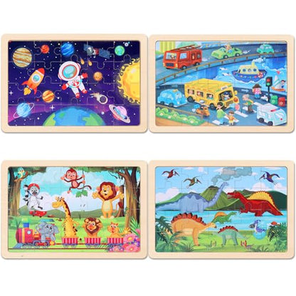 Wooden Educational Jigsaw Puzzles for Preschool Kids Ages 3-5, 4-Pack with 20 Pieces Dinosaur, Space, Transportation Wood Puzzles Set, Kids Brain Teaser Toys, Gifts for Boys Girls Ages 3 4 5 6 - color: Mixed Styles B