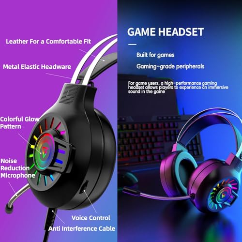 Gaming Headset,7.1 Surround Sound Wired Gaming Headset with Noise Cancelling Mic, Ultra Stable Headphones with 50mm Drivers Memory Foam, RGB Light, Black - color: Black