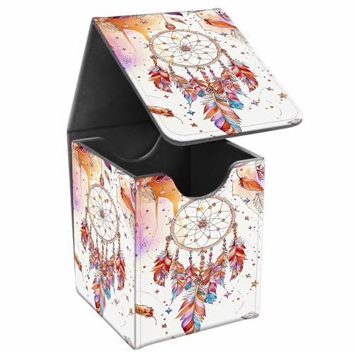 Card Deck Box, Card Storage Box Fits 100+ Single Sleeved Cards, Large Capacity PU Leather Card Storage Box with Strong Magnet for Magic Commander TCG CCG, Dreamcatcher Feathers Beads - color: Dreamcatcher Feathers Beads