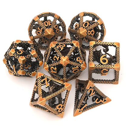 Hollow DND Dice Set, Metal Dice 7-Piece RPG Gaming Dice for D and D Pathfinder, MTG and Other Tabletop Role-Playing Games (Gold and 3D Dragon) - color: 3d Dragon Gold