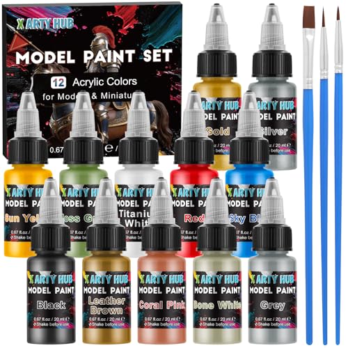 X ARTY HUB Model Paint Set, 12-Color Miniature Painting Kit with 2 Brushes | Brush or Airbrush Acrylic Paint Kit for Model Cars, Tabletop Figures & Wargaming Miniatures, Base/Skin/Shadow/Metallic Colors - color: 12 Colors + 3 Brushes