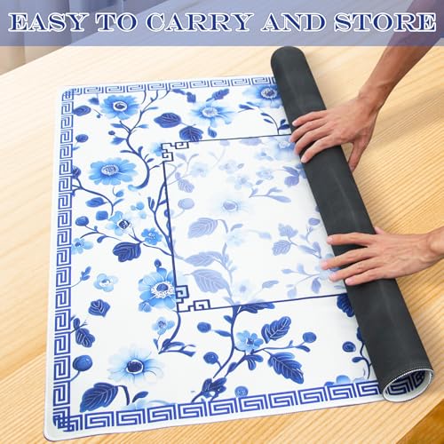 Mahjong Mat 31.5" x 31.5" – Blue Chinese Floral Design, Rubber Non-Slip Noise-Reducing Game Table Cover for Mahjong, Poker, Dominoes & Board Games (Blue)