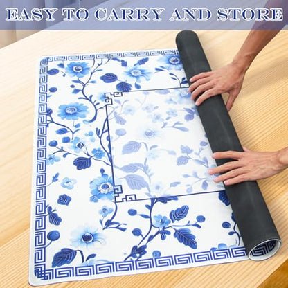 Mahjong Mat 31.5" x 31.5" – Blue Chinese Floral Design, Rubber Non-Slip Noise-Reducing Game Table Cover for Mahjong, Poker, Dominoes & Board Games (Blue)