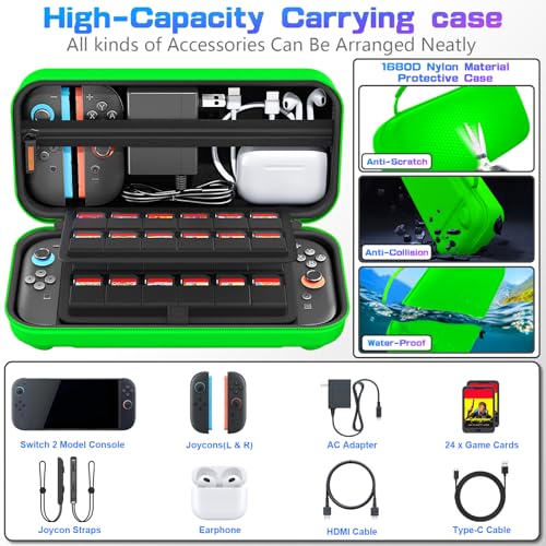 daydayup Switch Carrying Case Compatible with Nintendo Switch 2, with 24 Games Cartridges Protective Hard Shell Travel Carrying Pouch DS Case Green - color: Green, size: 2025-Inch