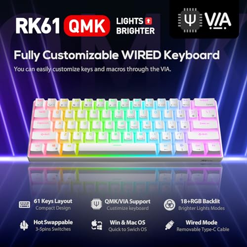 RK ROYAL KLUDGE RK61 Wired 60% Mechanical Gaming Keyboard Programmable QMK/VIA RGB Backlit 61 Keys Ultra-Compact Hot Swappable Brown Switch White - color: White, size: Hot-Swappable Brown Switch