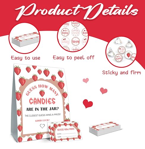 Guess How Many Candies Game Set - 50 Guessing Cards, Standing Sign, 180 Candies Stickers for Strawberry Baby Showers & Birthday Parties - color: Red