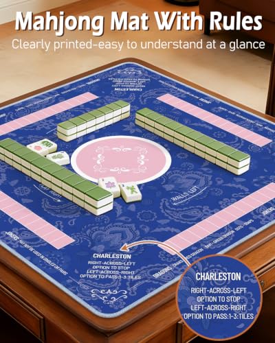 Mahjong Mat Table with Rules Mah Jong Mat Neoprene Travel Chinoiserie Floral Majong Learning Mat Instructions Mahjong Gifts Women Unique Non-Slip Rubber Pad, 31.5" x 31.5", Blue Pink - color: Blue Pink, size: 31.5" x 31.5"