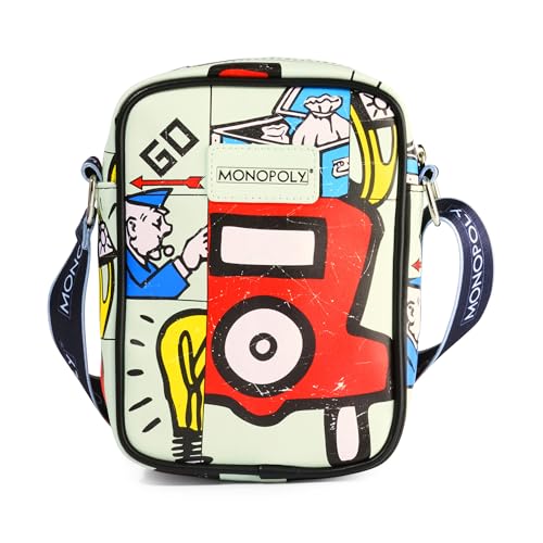 Monopoly Vegan Leather Crossbody Bag with Adjustable Strap, Monopoly In The Game Board Icons Stacked
