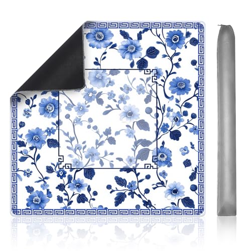 Mahjong Mat 31.5" x 31.5" – Blue Chinese Floral Design, Rubber Non-Slip Noise-Reducing Game Table Cover for Mahjong, Poker, Dominoes & Board Games (Blue)
