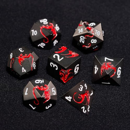 Metal Dice Set,7-Piece Zinc Alloy Dragon DND Dice,Black Red | Complete polyhedral dragon dice set with easy-to-read numbers and a magnetic gift box for DND players and collectors. - color: Black With Red