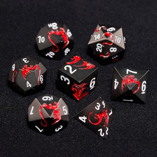 Metal Dice Set,7-Piece Zinc Alloy Dragon DND Dice,Black Red | Complete polyhedral dragon dice set with easy-to-read numbers and a magnetic gift box for DND players and collectors. - color: Black With Red