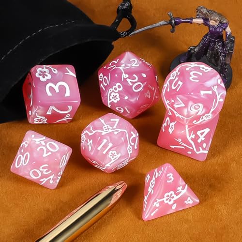 CiaraQ 7pcs Polyhedral Dice Set for Dungeon and Dragons MTG Table Games | Acrylic Role Playing Dice for D&D with Black Velvet Bag – Pink Pearl with White Numbers & Plum Blossom Patterns - color: Pink and White Floral Dice