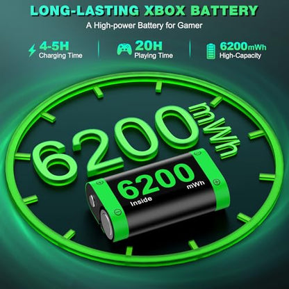 DINOSTRIKE 2X 6200mWh Controller Battery Pack Rechargeable Compatible with Xbox One【RGB Charging Station】【Extended USB C Cable】 Rechargeable Battery for Xbox Series S/X - size: S-2Pack