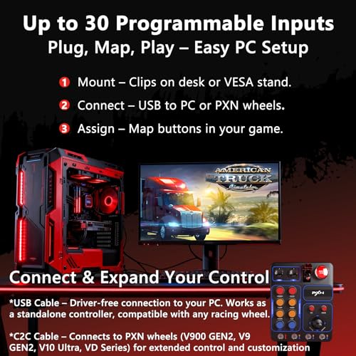 PXN CB1 PC Button Box, Programmable Sim Control Panel | 19 Buttons & Switches, RGB Backlit, Driver-Free USB, for Gaming Steering Wheel Setup, Racing, Truck & Farming Sims