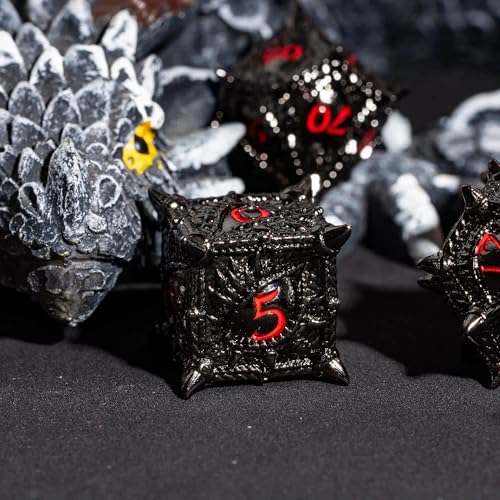 Black Metal DND Dice Dragon Eye Metal Dice Set D&D for Tabletop Game | Leather Storage Bag, DM Gift, for Dungeons and Dragons Role Playing Games - color: Dragon-black Red