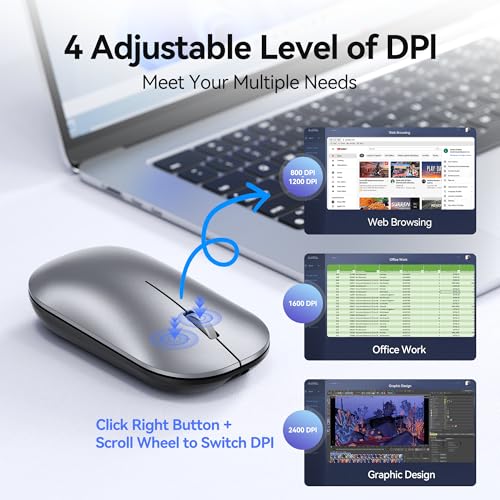 TECKNET Bluetooth Mouse for MacBook, [ USB + BT5.0 + BT3.0 ] Rechargeable Wireless Mouse, Silent Click, 4-Level DPI, Portable Computer Mice for MacBook/MacBook Air/Pro/iPad/Laptop/Android/Windows - color: Silver