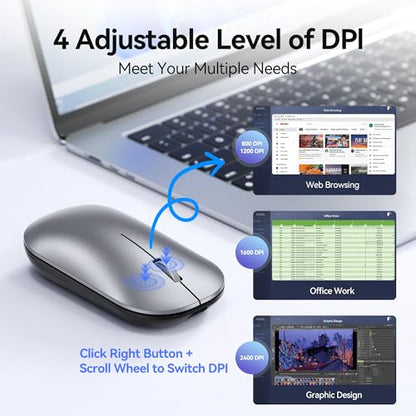 TECKNET Bluetooth Mouse for MacBook, [ USB + BT5.0 + BT3.0 ] Rechargeable Wireless Mouse, Silent Click, 4-Level DPI, Portable Computer Mice for MacBook/MacBook Air/Pro/iPad/Laptop/Android/Windows - color: Silver