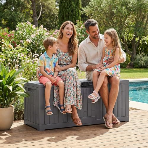 Jocoevol Deck Box 120 Gal, UV Resistant & Waterproof Outdoor Storage Box with Lock, Easy Assemble Storage Bins Container for Pool Patio Garden - size: 120Gal