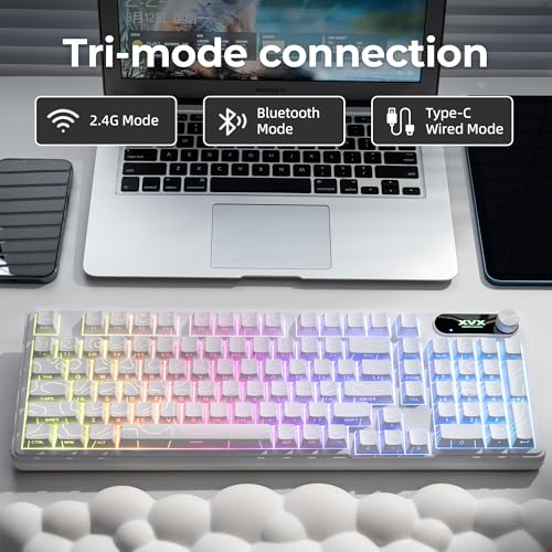 OHY XVX Wireless Keyboard,99Keys Quiet Typing Membrane Gaming Keyboard with Logo Display & Knob, RGB Backlit, USB C Rechargeable, 94 Keys PBT Keycap for Windows PC, Mac, Linux-White