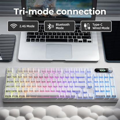 OHY XVX Wireless Keyboard,99Keys Quiet Typing Membrane Gaming Keyboard with Logo Display & Knob, RGB Backlit, USB C Rechargeable, 94 Keys PBT Keycap for Windows PC, Mac, Linux-White