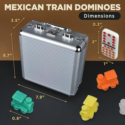 Queensell Mexican Train Dominoes Set Double 15 for Adults and Family, Mexican Train Double 15 Dominoes Set Colored Dot - 136 Tiles, 9 Trains, Wooden Hub, Aluminum Case (Double 15) - style: Double 15
