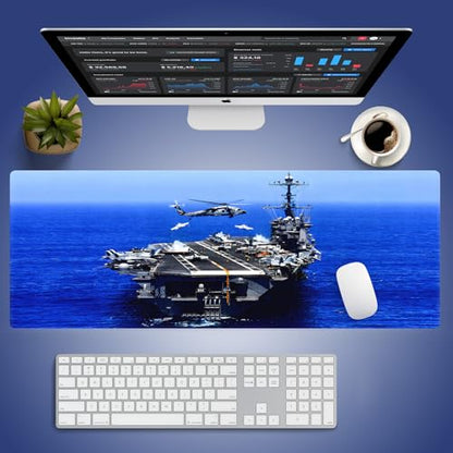 Aircraft Carrier Large Blue Mouse Pad, US Navy Patriotic Military Desk Mat | Fighter Jet Group and Helicopter, Nature Ocean Scenery, 31.5" x 11.8", XXL Gaming Stitched Keyboard Mat, Smooth, Anti-Slip - color: Aircraft Carrier Navy Blue Ocean