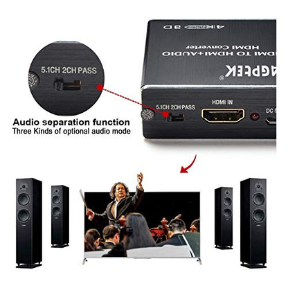 4K x 2K HDMI Audio Extractor Splitter, HDMI Audio Converter Adapter | Support Ultra HD 4K Toslink Optical Audio Output and 3.5mm with optical fiber cable