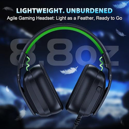Vakedy Wired Gaming Headset for Xbox,PS5,PS4,PC,Switch, RGB 50mm Drivers | Foldable lightweight frame, plush memory foam cushions, clear chat, quick mute/volume wheel and USB-powered RGB glow - color: Phantom Green