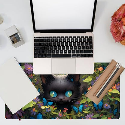 Desk Pad, Cute Black Cat Desk Mat, Cat Among Butterfly Flowers Large Gaming Mouse Pad for Desk, 31.5"x15.7" Extended Big Computer Keyboard Mouse Pad with Non-Slip Base and Stitched Edge - color: Cute Black Cat