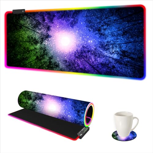 Gaming Mouse Pad RGB Starry Sky, Forest Large Mousepad with Non-Slip Rubber Base, Cool XXL Computer Desk Pad, 35.4 x15.7In Big Gaming LED Light Up Mouse Pad for Gamer - color: Starry Sky Forest