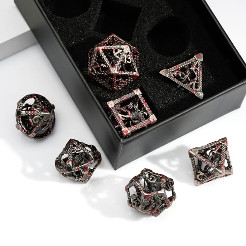 DND Dice Set,3D Octopus Hollow Metal 7-Die,SilverBlood | copper construction,72g balanced weight,engraved numbers,gift box and velvet bag for DND RPG play - color: Bloodstained