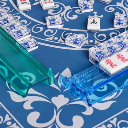American Mahjong Set,166 Premium Acrylic Tiles with Blue Prints, 4 All-in-One Color Rack/Pushers, Complete Mahjong Game Set with Floral Blue Carrying Bag