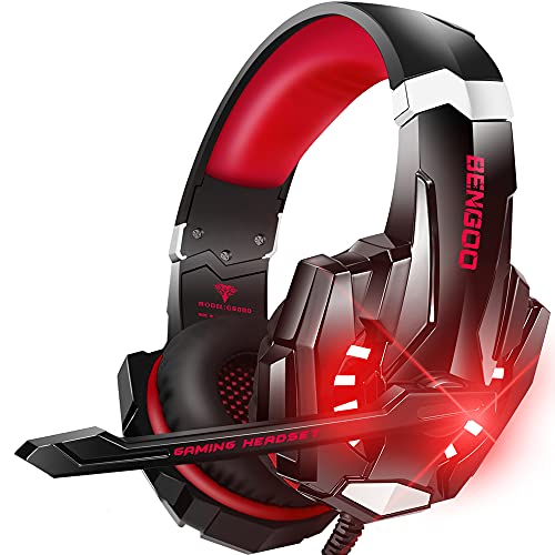 BENGOO Stereo Pro Gaming Headset for PS4, PC, Xbox One Controller, Noise Cancelling Over Ear Headphones with Mic, LED Light, Bass Surround, Soft Memory Earmuffs for Laptop Mac Wii Accessory Kits - color: Red