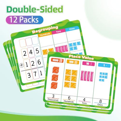 12 PCS Place Value Chart Dry Erase Flash Cards, Addition and Subtraction Learning Math Games for Kids, Base Ten Board Math Manipulatives 1st 2nd 3rd Grade Teacher Classroom Must Haves