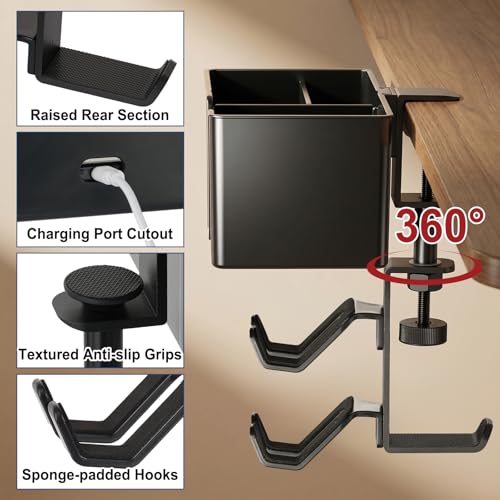 MYITYARD 5 in 1 Desk Cup Holder Clamp, Detachable Pencil Holder with Rotating Headphone Hanger & Controller Holder, Desk Organizer for Cup, Pen, Phone, Gaming Office Desk Accessories - color: With Two Controller Holders
