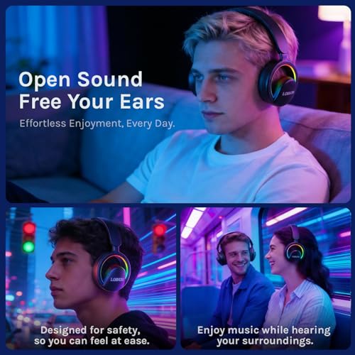 LOBKIN Open Ear Headphones, Bluetooth 6.0 Wireless Headset with Detachable Mic, Adjustable RGB Lights, Voice Assistant Comfortable Breathable Safe Lightweight Over Ear Headphones for Working Gaming